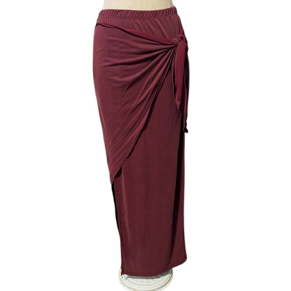Alya Side-Tie Wrap Maxi Skirt in Burgundy